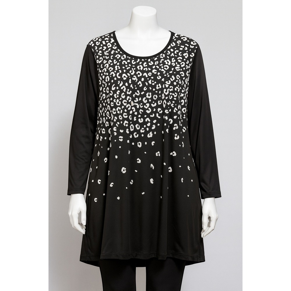 Ruby Ro Black White Leopard Print Tunic‎ Top 1X 3/4 Sleeve Scoop Neck Soft Glam